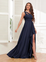 Exquisite One Shoulder Ruffles Slit Chiffon Bridesmaid Dresses