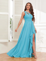 Exquisite One Shoulder Ruffles Slit Chiffon Bridesmaid Dresses