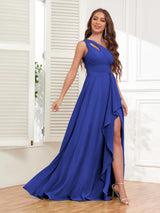 Exquisite One Shoulder Ruffles Slit Chiffon Bridesmaid Dresses
