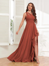 Exquisite One Shoulder Ruffles Slit Chiffon Bridesmaid Dresses