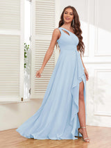 Exquisite One Shoulder Ruffles Slit Chiffon Bridesmaid Dresses