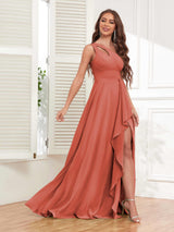 Exquisite One Shoulder Ruffles Slit Chiffon Bridesmaid Dresses
