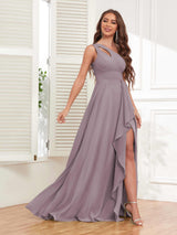 Exquisite One Shoulder Ruffles Slit Chiffon Bridesmaid Dresses
