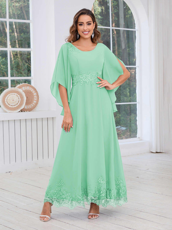Mint Green Eye-catching Round Neck Lace Chiffon Floor Length Mother Of The Bride Dresses