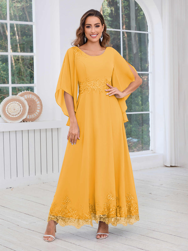 Mustard Eye-catching Round Neck Lace Chiffon Floor Length Mother Of The Bride Dresses