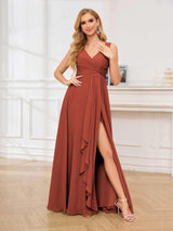 Eye-catching V-Neck Sleeveless Ruffles Chiffon Floor Length Bridesmaid Dresses