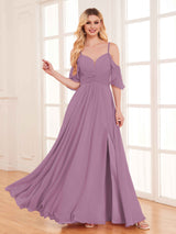 Fashionable A-Line Draped Sleeves Chiffon Bridesmaid Dresses