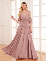 Fashionable A-Line Draped Sleeves Chiffon Bridesmaid Dresses