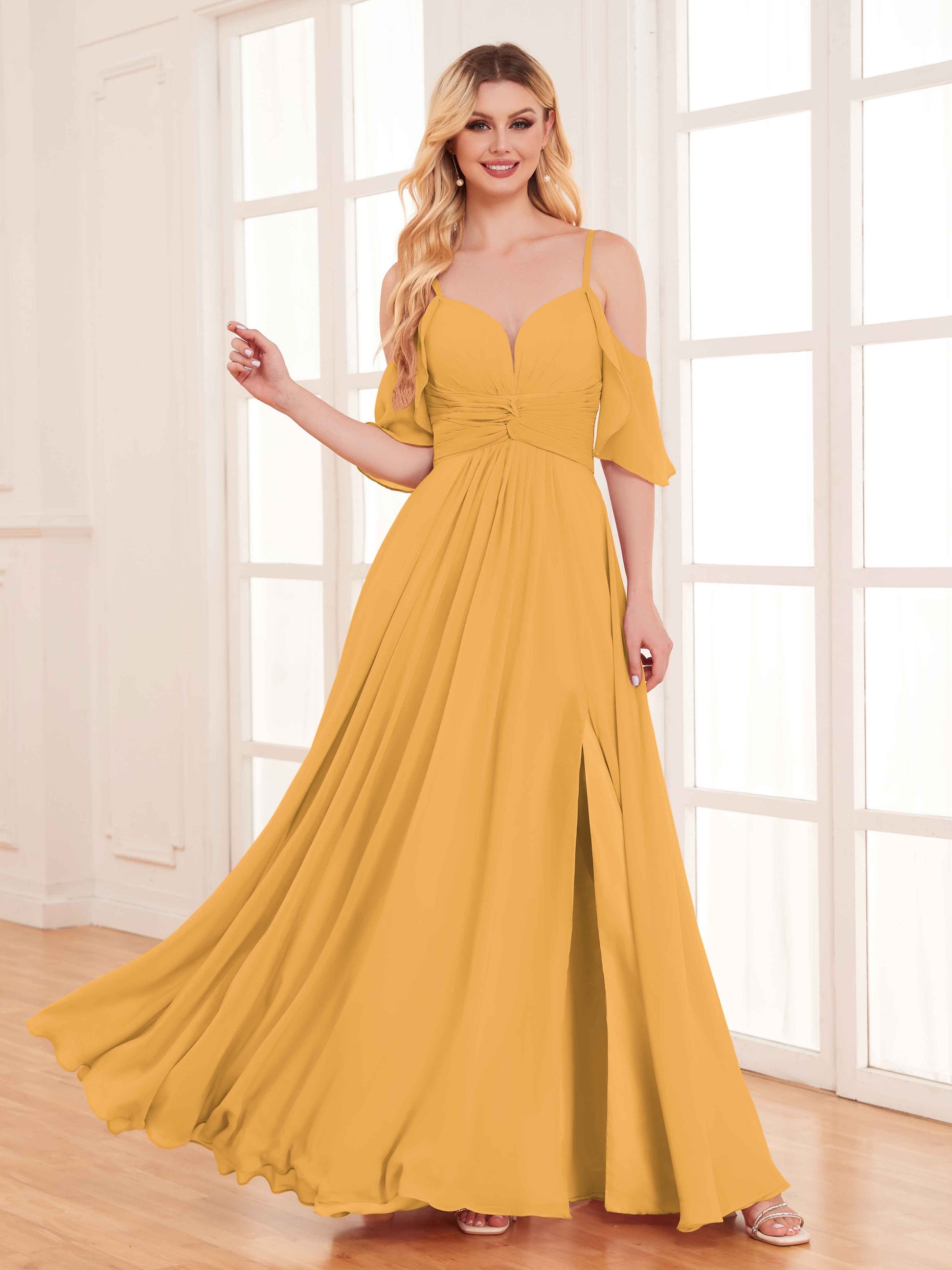 Fashionable A-Line Draped Sleeves Chiffon Bridesmaid Dresses –