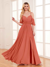 Fashionable A-Line Draped Sleeves Chiffon Bridesmaid Dresses