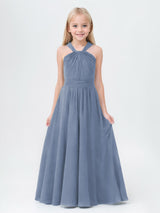 Fashionable A-Line Hakter Ruched Chiffon Long Junior Bridesmaid Dresses