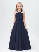Fashionable A-Line Hakter Ruched Chiffon Long Junior Bridesmaid Dresses