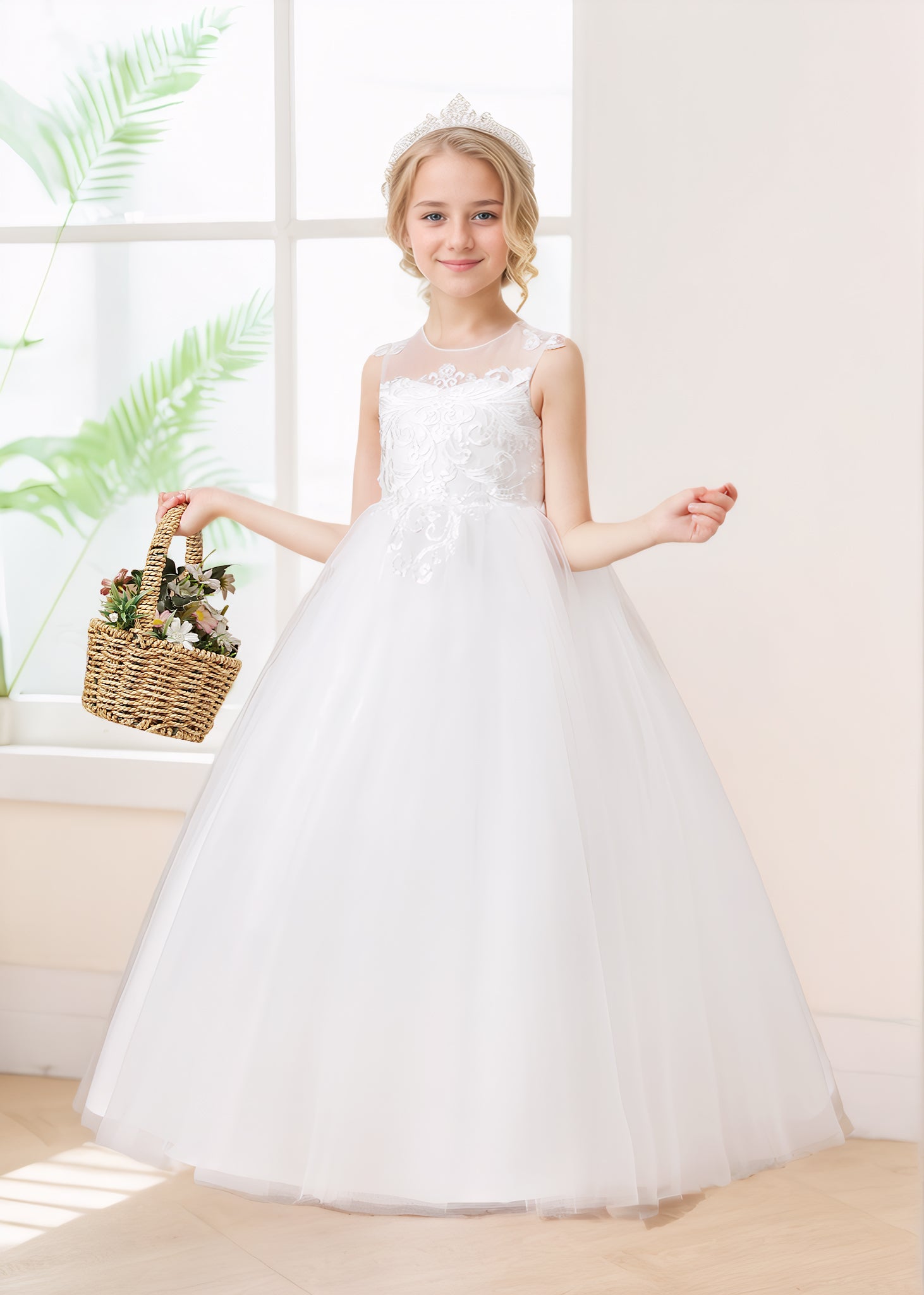 Fashionable A-Line Sleeves Appliques Tulle Long Flower Girl Dresses