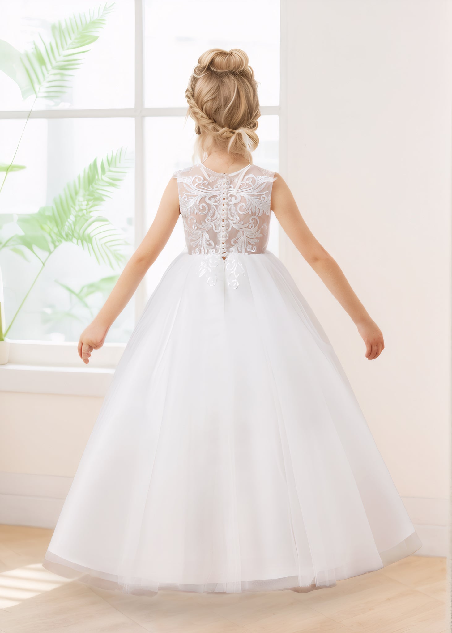 Fashionable A-Line Sleeves Appliques Tulle Long Flower Girl Dresses