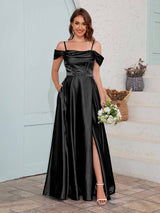 Fashionable A-Line Slit Satin Bridesmaid Dresses With Pockets