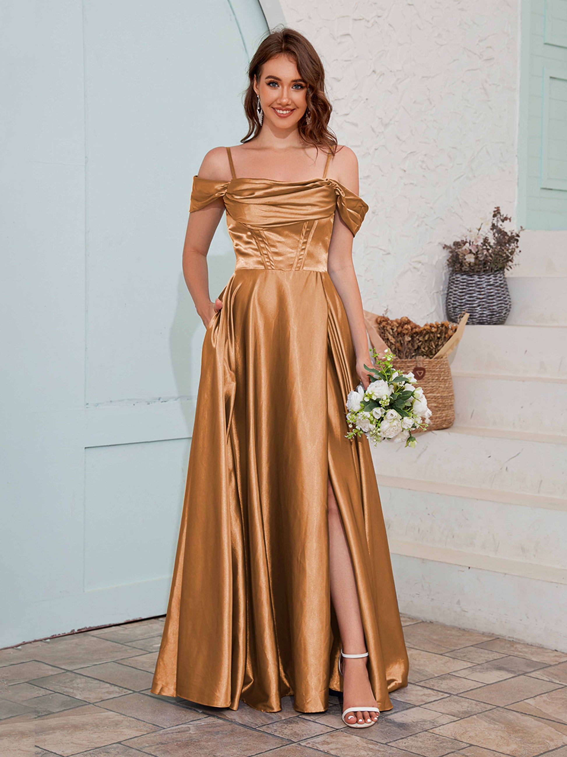satin copper bridesmaid dresses Azazie Charlize