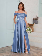 Fashionable A-Line Slit Satin Bridesmaid Dresses With Pockets