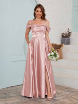 Fashionable A-Line Slit Satin Bridesmaid Dresses With Pockets