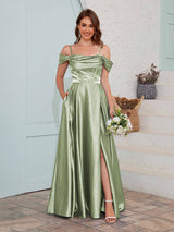 Fashionable A-Line Slit Satin Bridesmaid Dresses With Pockets