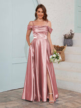 Fashionable A-Line Slit Satin Bridesmaid Dresses With Pockets