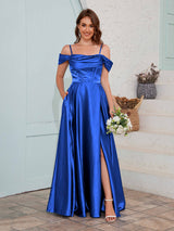 Fashionable A-Line Slit Satin Bridesmaid Dresses With Pockets