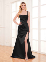 Fashionable Cowl Neck Slit Trumpet Long Satin Party Dresses