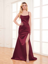 Fashionable Cowl Neck Slit Trumpet Long Satin Party Dresses