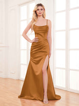 Fashionable Cowl Neck Slit Trumpet Long Satin Party Dresses