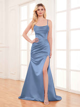 Fashionable Cowl Neck Slit Trumpet Long Satin Party Dresses
