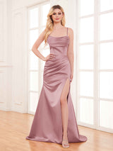 Fashionable Cowl Neck Slit Trumpet Long Satin Party Dresses