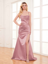 Fashionable Cowl Neck Slit Trumpet Long Satin Party Dresses