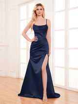 Fashionable Cowl Neck Slit Trumpet Long Satin Party Dresses
