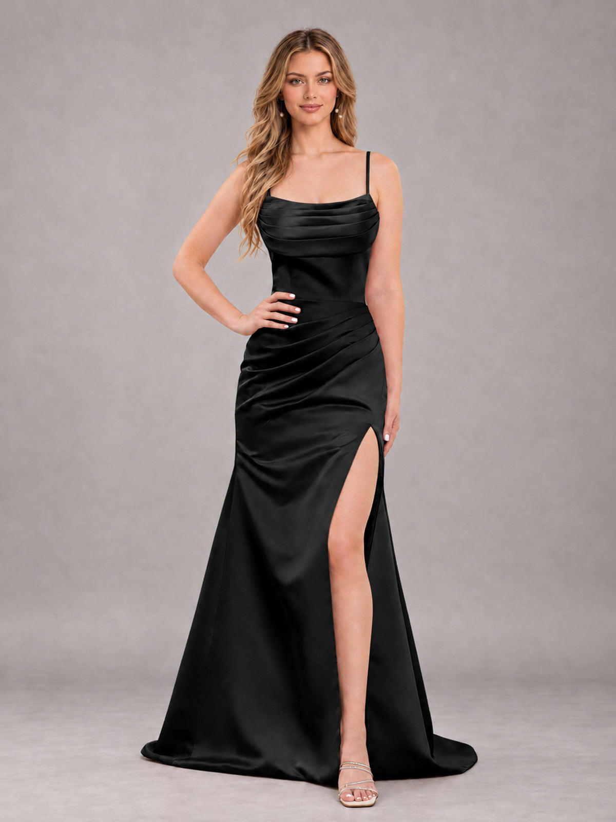 Black Fashionable Cowl Neck Slit Trumpet Long Satin Bridesmaid Dress