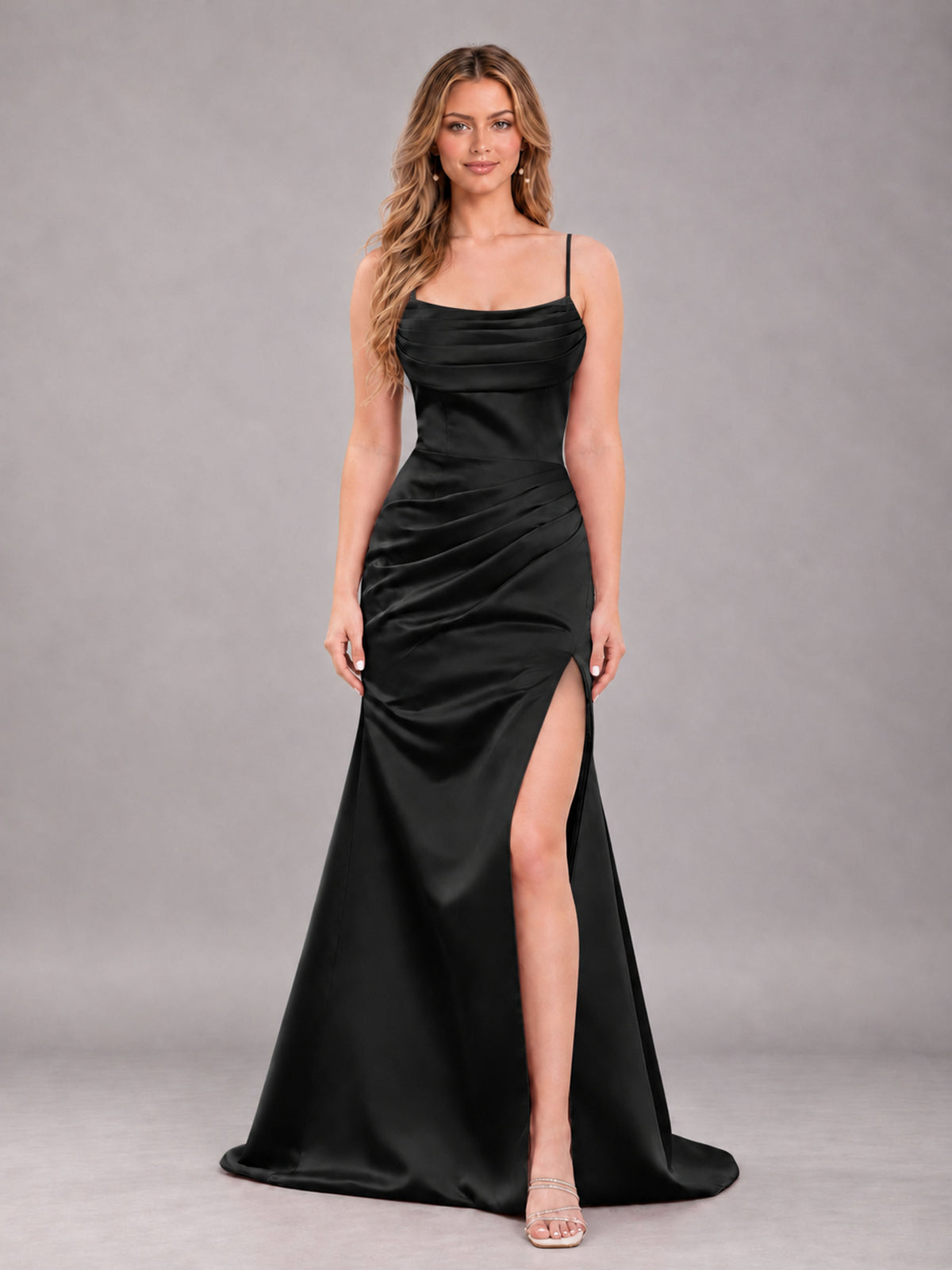 Black Fashionable Cowl Neck Slit Trumpet Long Satin Bridesmaid Dress
