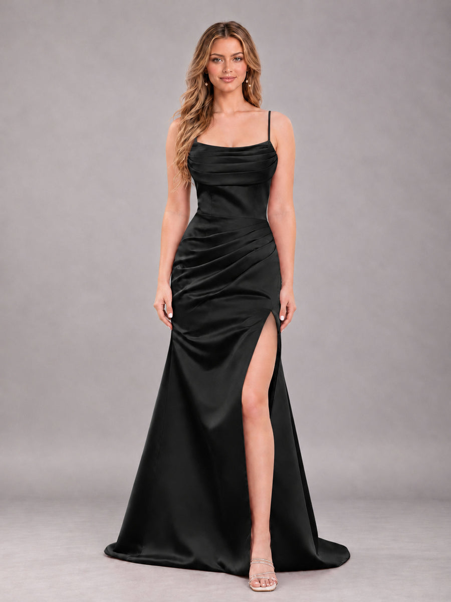 Black Fashionable Cowl Neck Slit Trumpet Long Satin Bridesmaid Dress