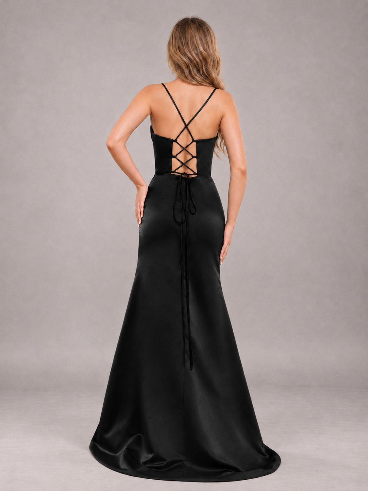 Black Fashionable Cowl Neck Slit Trumpet Long Satin Bridesmaid Dress