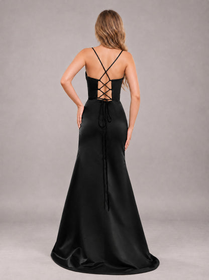 Black Fashionable Cowl Neck Slit Trumpet Long Satin Bridesmaid Dress