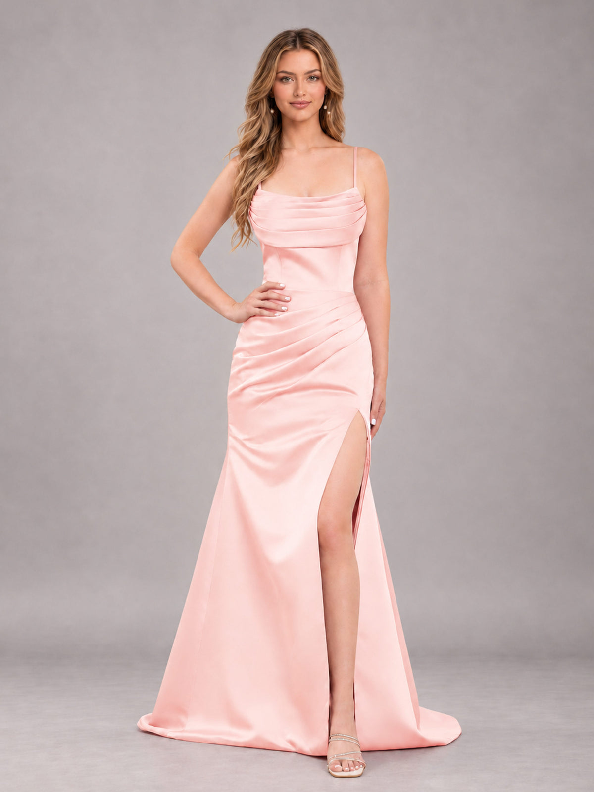 Blush Pink Fashionable Cowl Neck Slit Trumpet Long Satin Bridesmaid Dress