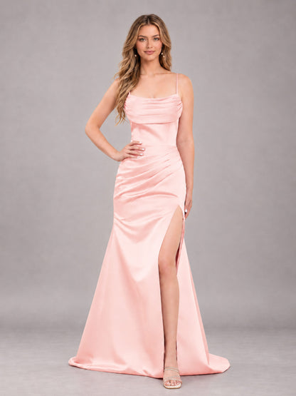 Blush Pink Fashionable Cowl Neck Slit Trumpet Long Satin Bridesmaid Dress