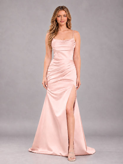 Blush Pink Fashionable Cowl Neck Slit Trumpet Long Satin Bridesmaid Dress