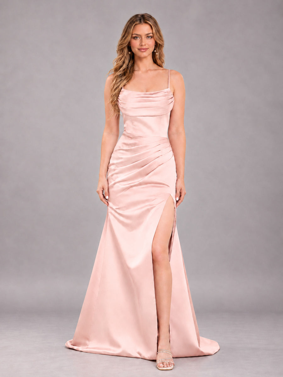 Blush Pink Fashionable Cowl Neck Slit Trumpet Long Satin Bridesmaid Dress