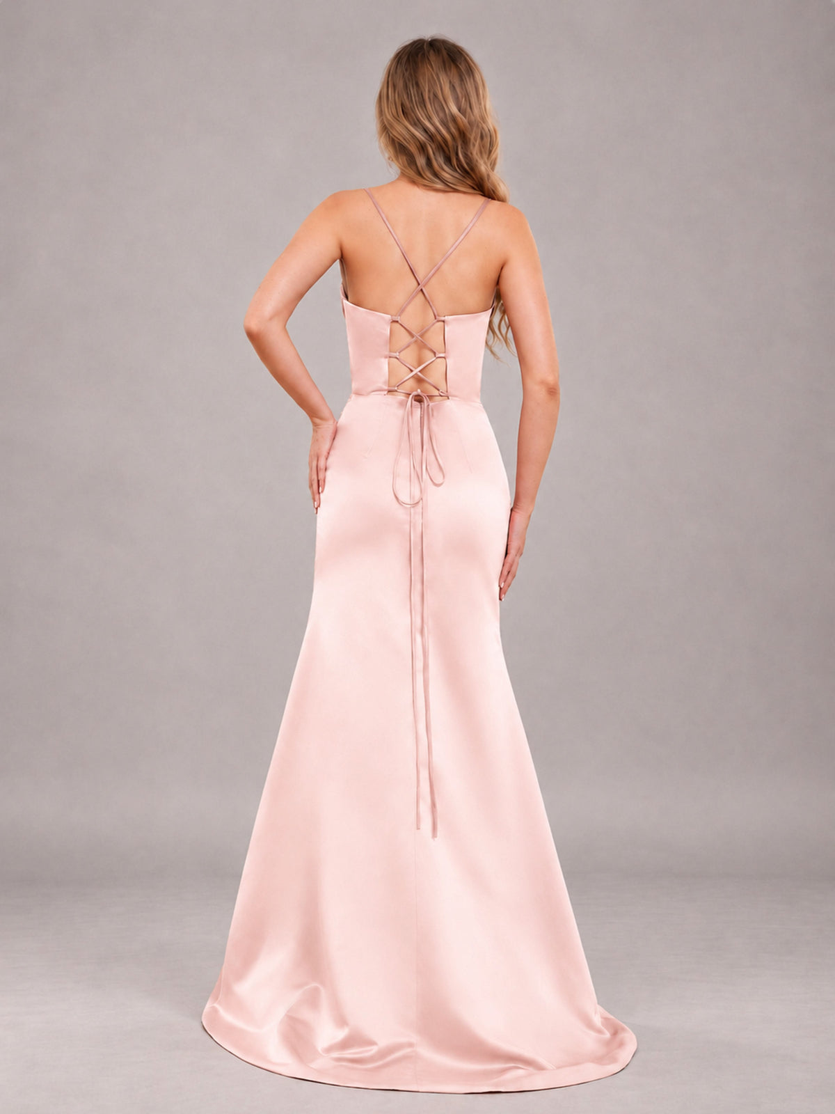 Blush Pink Fashionable Cowl Neck Slit Trumpet Long Satin Bridesmaid Dress