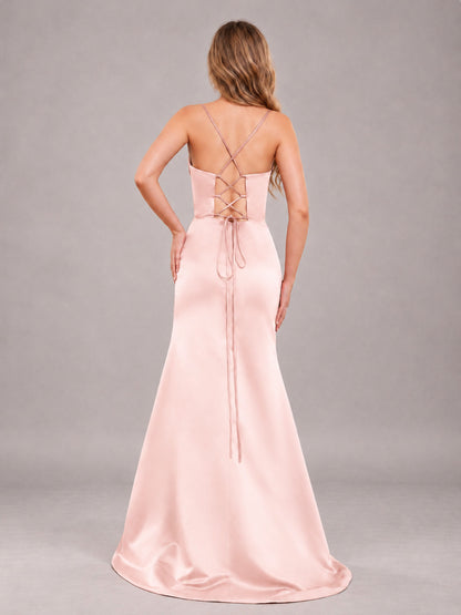 Blush Pink Fashionable Cowl Neck Slit Trumpet Long Satin Bridesmaid Dress
