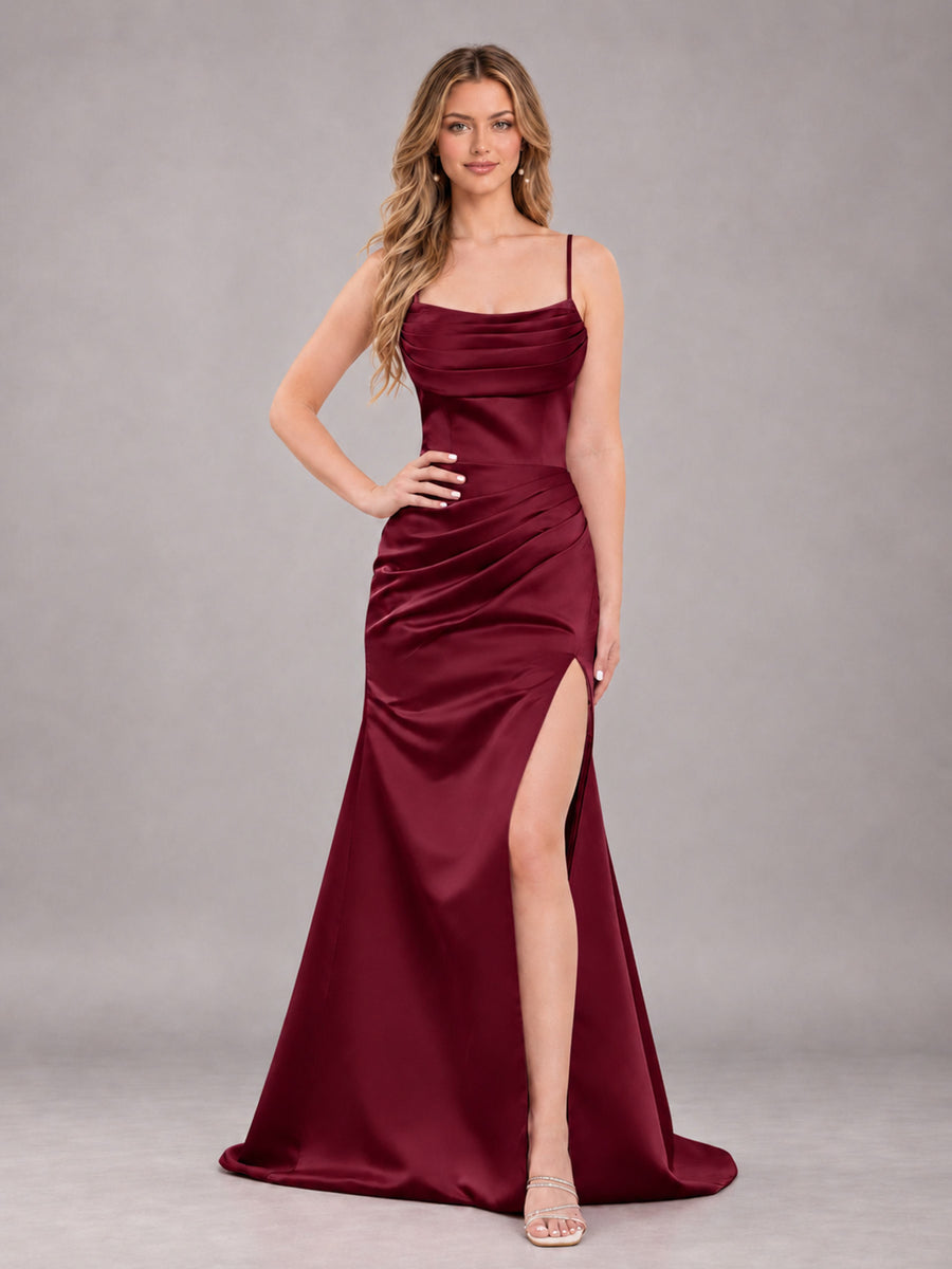 Burgundy Fashionable Cowl Neck Slit Trumpet Long Satin Bridesmaid Dress