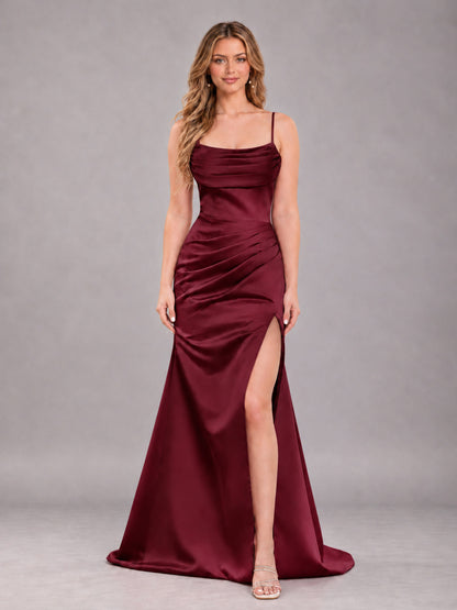 Burgundy Fashionable Cowl Neck Slit Trumpet Long Satin Bridesmaid Dress