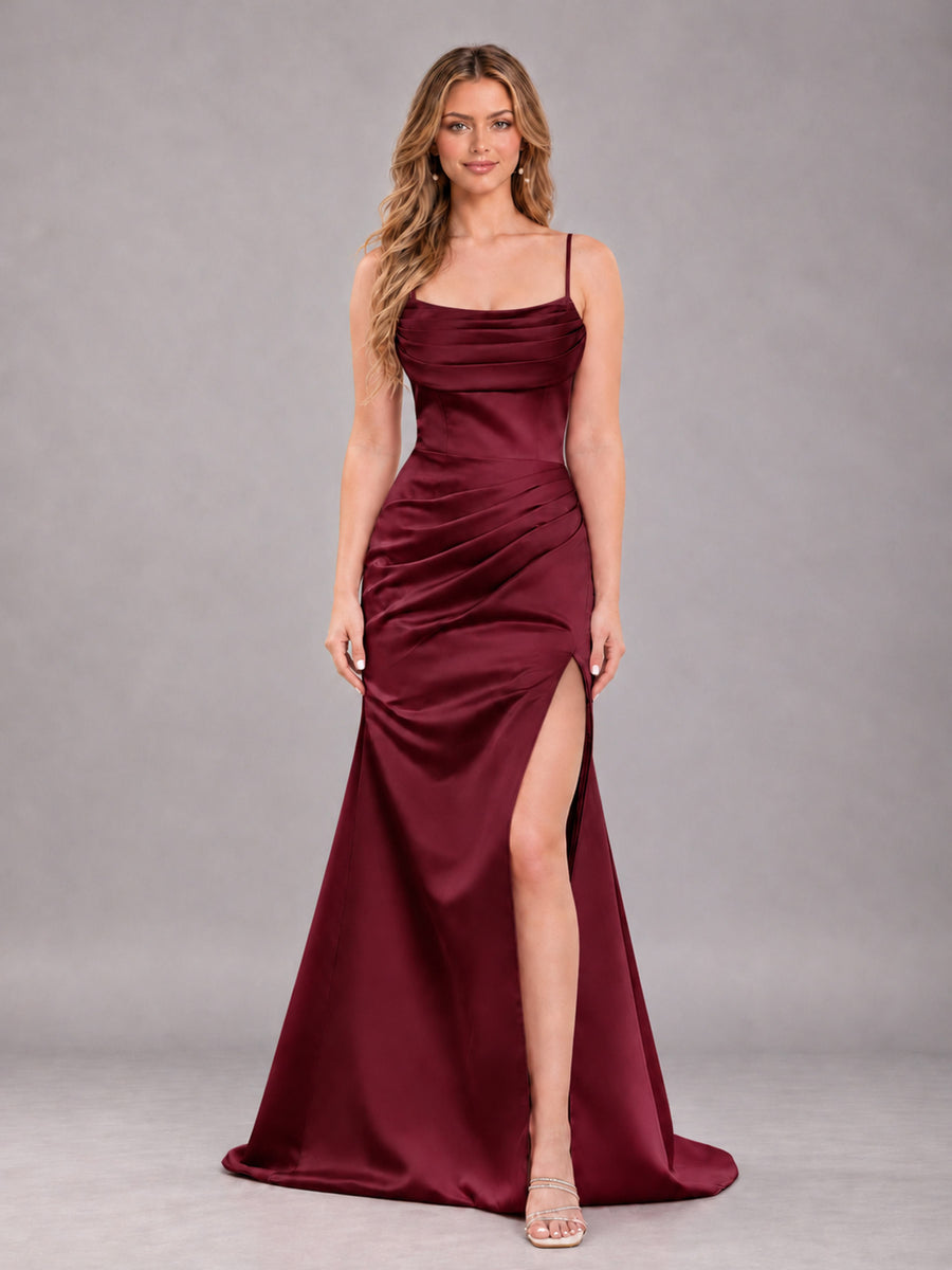 Burgundy Fashionable Cowl Neck Slit Trumpet Long Satin Bridesmaid Dress