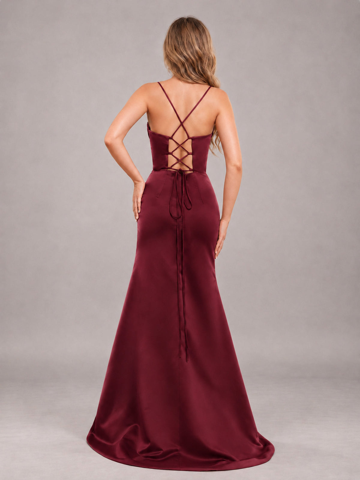 Burgundy Fashionable Cowl Neck Slit Trumpet Long Satin Bridesmaid Dress