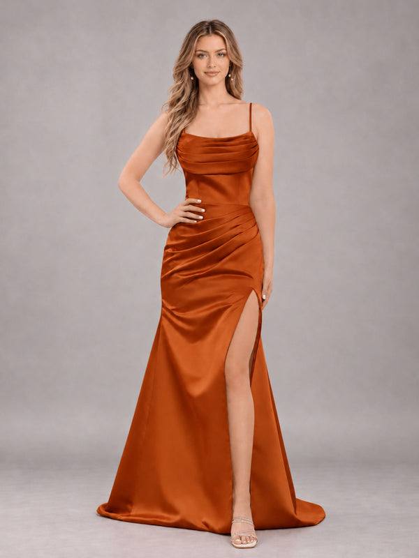 Burnt Orange Fashionable Cowl Neck Slit Trumpet Long Satin Bridesmaid Dress