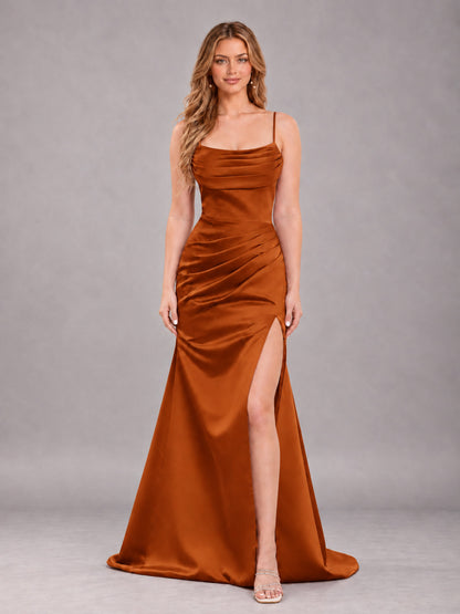 Burnt Orange Fashionable Cowl Neck Slit Trumpet Long Satin Bridesmaid Dress