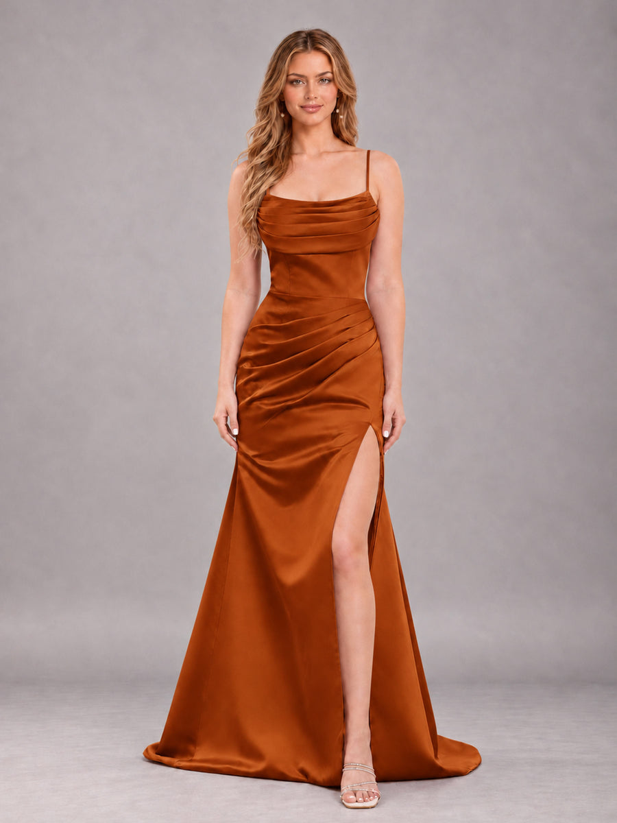 Burnt Orange Fashionable Cowl Neck Slit Trumpet Long Satin Bridesmaid Dress